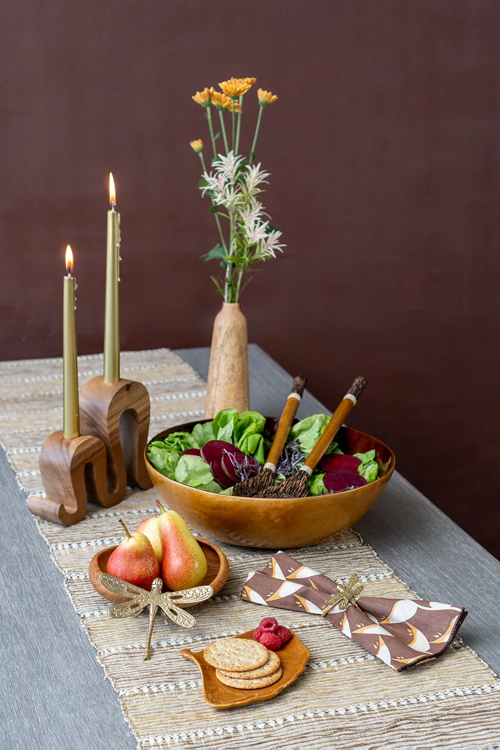 Palm Wood Golden Capiz Handled Servers